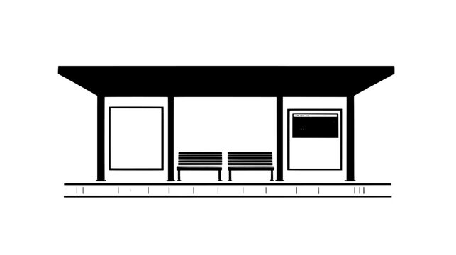 City tram stop with two shelters, concrete platform, rail tracks, and a route information board, vector illustration art
