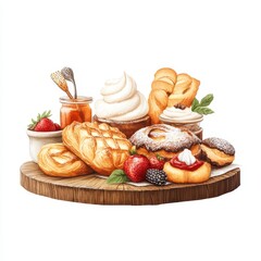 Rustic pastries displayed at a bakery counter with fresh fruits and toppings