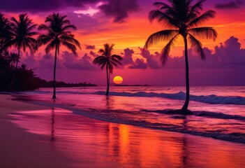 vibrant tropical sunset over shoreline silhouetted palm trees creating breathtaking coastal view, beach, horizon, sky, clouds, colorful, orange, pink, yellow