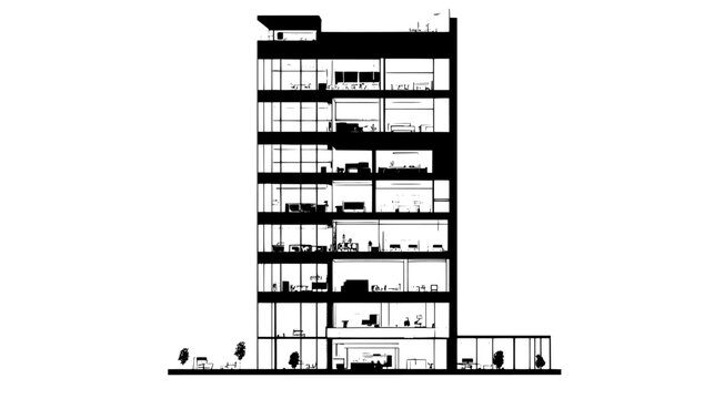Cutaway of a modern skyscraper showing interior office spaces and structural components, vector illustration art
