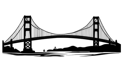 Depiction of the Golden Gate Bridge with its two towers, suspension cables, and roadway, vector illustration art