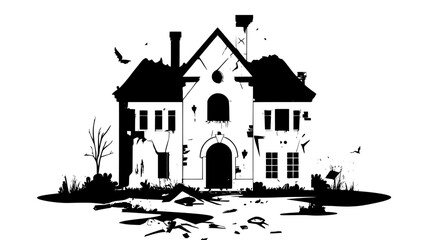 Deteriorating mansion with a collapsed façade, shattered windows, and debris scattered, vector illustration art