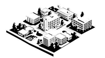 Obraz premium Digital model of a university campus with various buildings, green spaces, and pedestrian pathways, vector illustration art