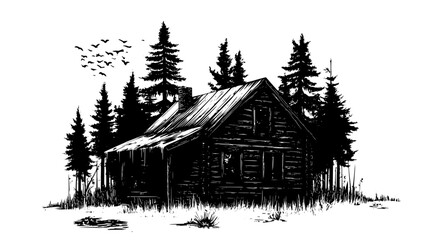 Dilapidated wooden cabin with a sagging roof and missing planks, surrounded by forest, vector illustration art