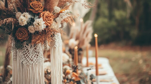 Beautiful centerpieces featuring floral arrangements and macrame decor, complemented by lit candles in a serene outdoor setting during autumn.