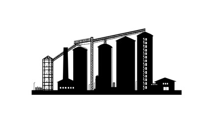 Obraz premium Grain silo complex with multiple tall cylindrical structures, conveyor systems, and storage buildings nearby, vector illustration art