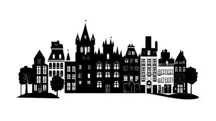 Obraz premium Historic castle in modern urban setting with buildings and trees, vector illustration art