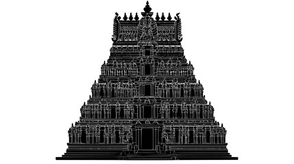 Hindu temple with a towering gopuram and intricately carved sculptures, vector illustration art