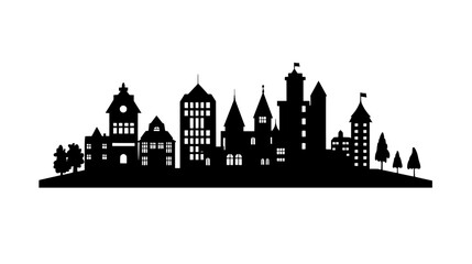 Obraz premium Historic castle in modern urban setting with buildings and trees, vector illustration art