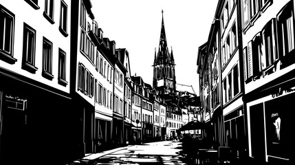 Fototapeta premium Historic city center with narrow streets, densely packed buildings, and prominent cathedral in the distance, vector illustration art
