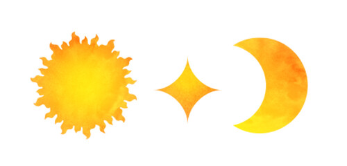 Vector Sun Moon  and star set. Shapes silhouettes of star, Moon, sun with watercolor texture, isolated on white background.