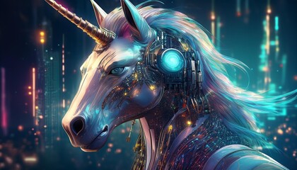 Unicorns and Technology- A futuristic unicorn with digital or cybernetic elements, representing the fusion of fantasy and technology