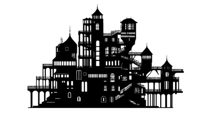 Obraz premium Large building with spiral staircases and pointed rooftops, vector illustration art