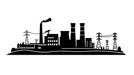 Obraz premium Large power plant facility with cooling towers, transmission lines, and administrative buildings, vector illustration art