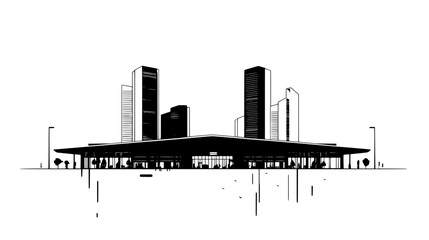 Obraz premium Large structure with an open plaza, surrounded by shops and high-rise residential buildings, vector illustration art