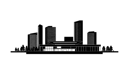 Large structure with an open plaza, surrounded by shops and high-rise residential buildings, vector illustration art