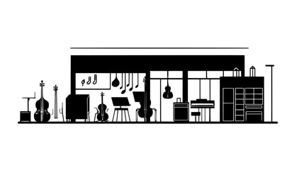 Music conservatory with practice rooms, performance halls, and instrument storage areas, vector illustration art