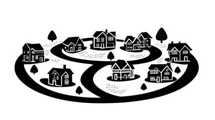 Residential cul-de-sac featuring several uniform houses arranged around a circular road, vector illustration art
