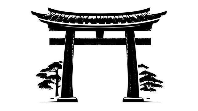 Shinto shrine with torii gate and thatched roof, vector illustration art