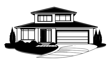 Obraz premium Two-story suburban home with a landscaped front yard, large windows, and a walkway to the door, vector illustration art