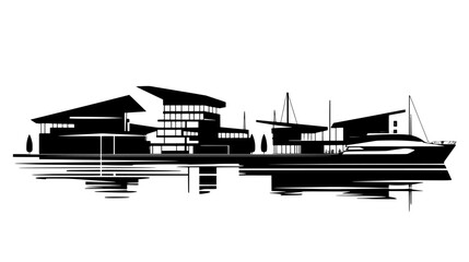 Obraz premium Waterfront marina complex with modern buildings and docking areas, vector illustration art