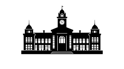 An old city hall with a clock tower and a grand staircase, vector illustration art