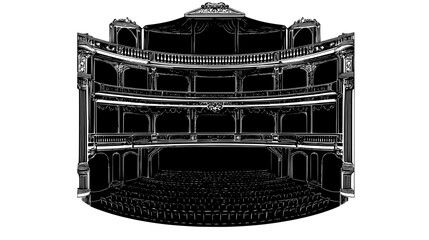 Opera house with grand stage, orchestra seating, and balconies, vector illustration art
