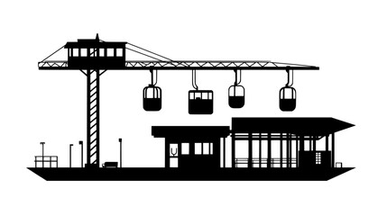 Obraz premium Cable car station with a platform, cable track system, mechanical pulleys, and a control cabin structure, vector illustration art