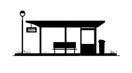 Empty tram stop with platform, signpost, tram tracks, covered seating area, and a trash bin beside, vector illustration art