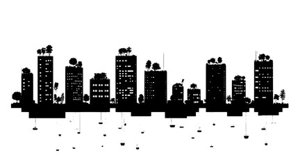 Fototapeta premium Floating buildings with vertical gardens, anchored by suspension cables, connected by transparent walkways, vector illustration art