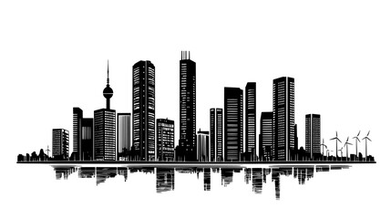 Group of tall buildings, including a prominent tower, with streets and a river in the foreground, vector illustration art