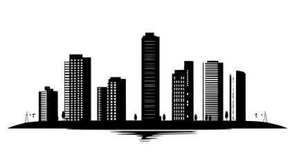 Fototapeta premium Group of tall buildings, including a prominent tower, with streets and a river in the foreground, vector illustration art
