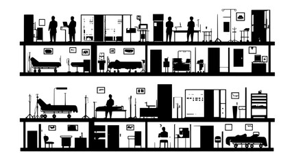 Obraz premium Healthcare complex with diagnostic labs, operating rooms, and patient wards in separate sections, vector illustration art