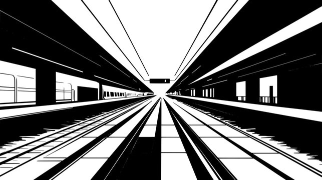 Empty passenger platforms with trains stationary on parallel tracks, vector illustration art