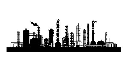 Oil refinery with a series of tanks, pipelines, and distillation columns in a vast compound, vector illustration art