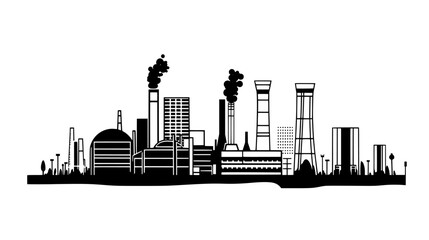 Fototapeta premium Power plant with cooling towers, a network of pipes, and a series of large buildings, vector illustration art