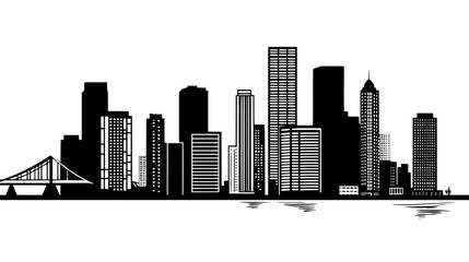Obraz premium Row of skyscrapers near a waterfront, with a bridge visible and various urban buildings nearby, vector illustration art