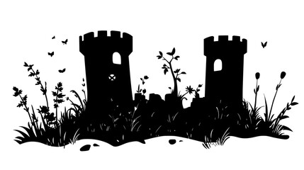 Ruined castle with partially collapsed towers and walls, surrounded by overgrown grounds, vector illustration art