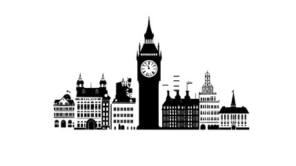 Prominent clock tower with buildings and river in background, vector illustration art
