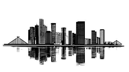 Obraz premium Row of skyscrapers near a waterfront, with a bridge visible and various urban buildings nearby, vector illustration art