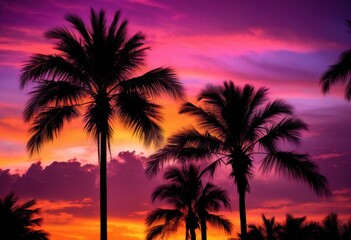 Obraz premium vibrant silhouettes palm trees stunning sunset rich colors dramatic sky, tropical, nature, landscape, cloud, horizon, light, warm, orange, beach, scenery