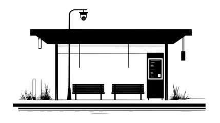 Tram stop featuring a metal shelter, bench, rail tracks, information kiosk, and a security camera overhead, vector illustration art