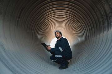 Engineers working inside a large steel pipe of a tunnel foundation. Workers involved in...