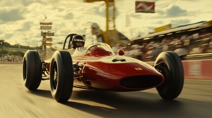 Vintage Formula 1 Race Car in Action - A classic Formula 1 race car speeding on the track with a full grandstand in the background, capturing the thrill of vintage motorsport.