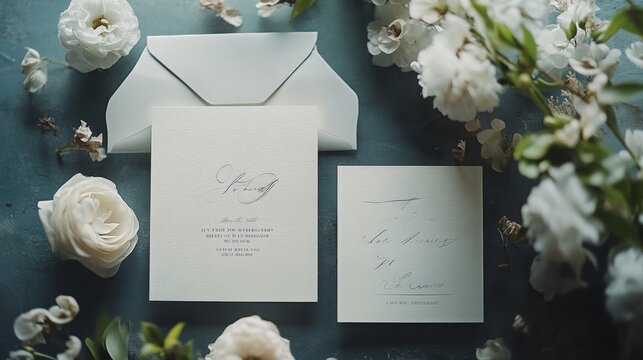 An elegant wedding invitation suite featuring a beautifully designed card and matching envelope, adorned with white flowers in a soft, romantic setting.