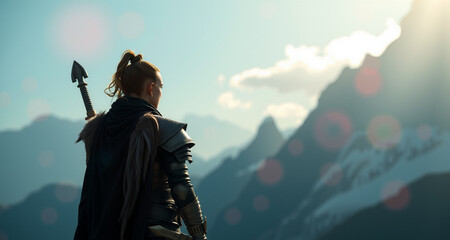 woman with an axe atop a mountain, surrounded by clouds and hills. The dynamic scene exudes strength and adventure, with the vibrant sky enhancing the powerful and heroic atmosphere.