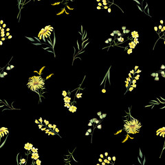 watercolor seamless pattern with  yellow flowers, green leaves