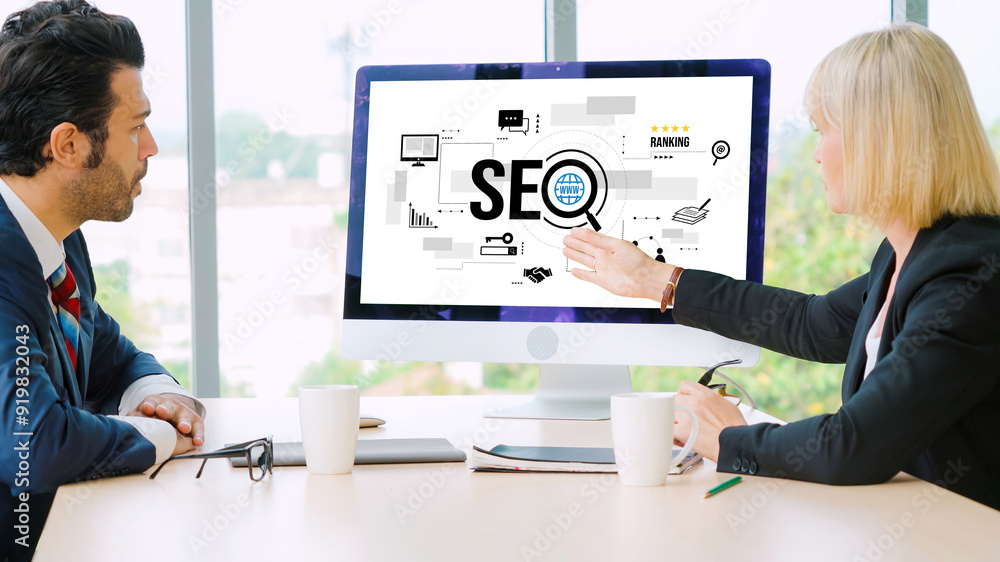 Aufkleber seo search engine optimization for modish e-commerce and online retail business showing on computer 