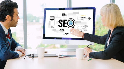 SEO search engine optimization for modish e-commerce and online retail business showing on computer...