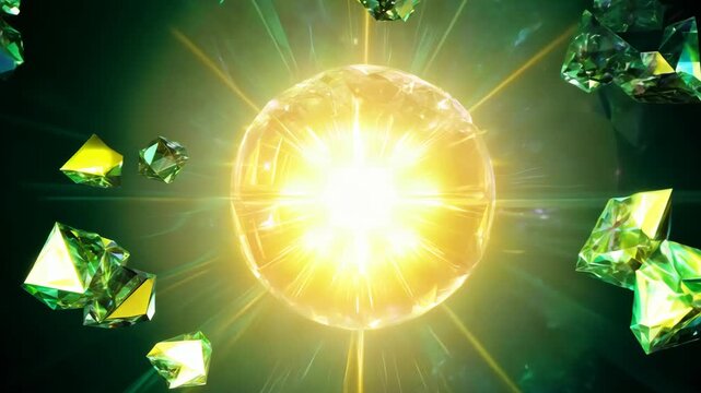 Pieces of green crystall flying apart from the explosion of yellow light. The fragments fly apart, slow down pull together to the center. Abstract 3d animation for a space themed clip.